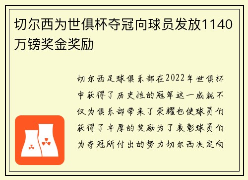 切尔西为世俱杯夺冠向球员发放1140万镑奖金奖励