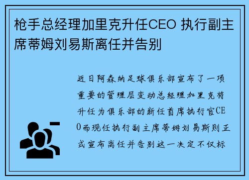 枪手总经理加里克升任CEO 执行副主席蒂姆刘易斯离任并告别