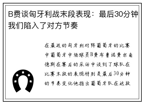 B费谈匈牙利战末段表现：最后30分钟我们陷入了对方节奏
